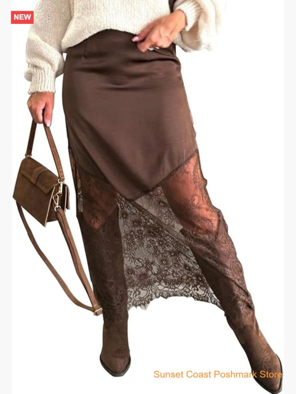 Women Lace Long Skirt Silky Satin Elastic Waist A-Line Patchwork Maxi Skirt